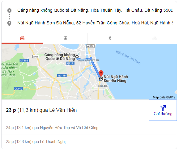 Bản đồ sân bay Đà Nẵng đi Ngũ Hành Sơn