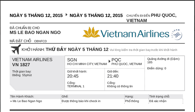 Mẫu vé máy bay điện tử của Vietnam Airlines. Nguồn: phongvevietnamairlines.com