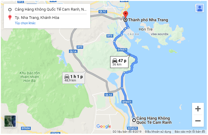 Bản đồ Nha Trang đi sân bay Cam Ranh
